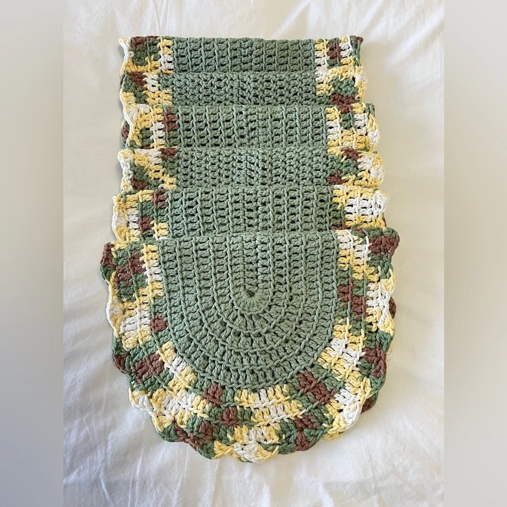 Set of 6 Vintage Oval Hand Crocheted Placemats | Green Yellow Brown